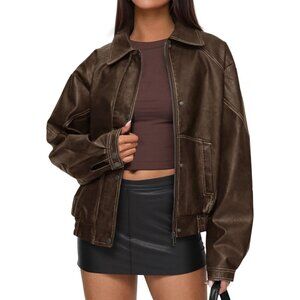 Women's Brown Faux Leather Jacket with Button Details and Relaxed Fit